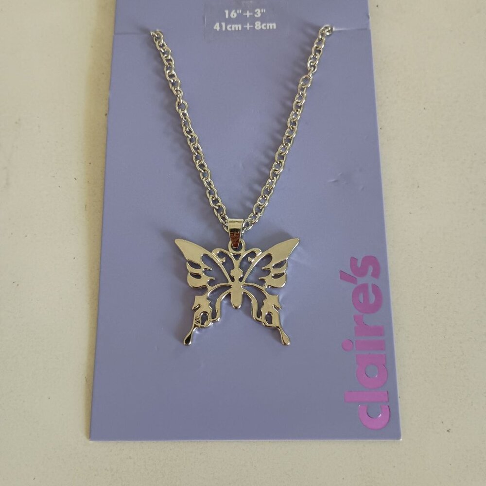 NWT Claire's silver tone butterfly pendant chain necklace